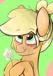 Size: 969x1398 | Tagged: safe, artist:coffeeponee, derpibooru import, applejack, alternate hairstyle, blushing, flower, image, png, ponytail, simple background, solo