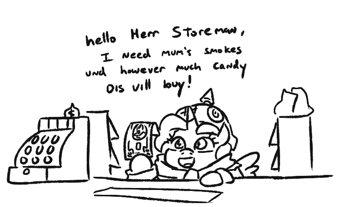 Size: 698x425 | Tagged: safe, artist:jargon scott, derpibooru import, oc, oc:dyxkrieg, unofficial characters only, alicorn, pony, alicorn oc, black and white, cash register, cute, female, filly, gratuitous german, grayscale, helmet, horn, image, magical lesbian spawn, money, monochrome, offscreen character, offspring, parent:oc:dyx, parent:oc:luftkrieg, parents:oc x oc, pickelhaube, png, simple background, solo, talking to viewer, white background, wingding eyes, wings
