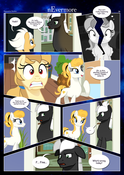 Size: 3259x4607 | Tagged: safe, artist:estories, derpibooru import, oc, oc:alice goldenfeather, oc:fable, oc:golden jewel, oc:möbius, unofficial characters only, earth pony, pegasus, pony, comic:nevermore, ..., brother and sister, clothes, colt, comic, cute, dialogue, earth pony oc, female, image, male, mare, ocbetes, pegasus oc, png, siblings, speech bubble, stallion, wings