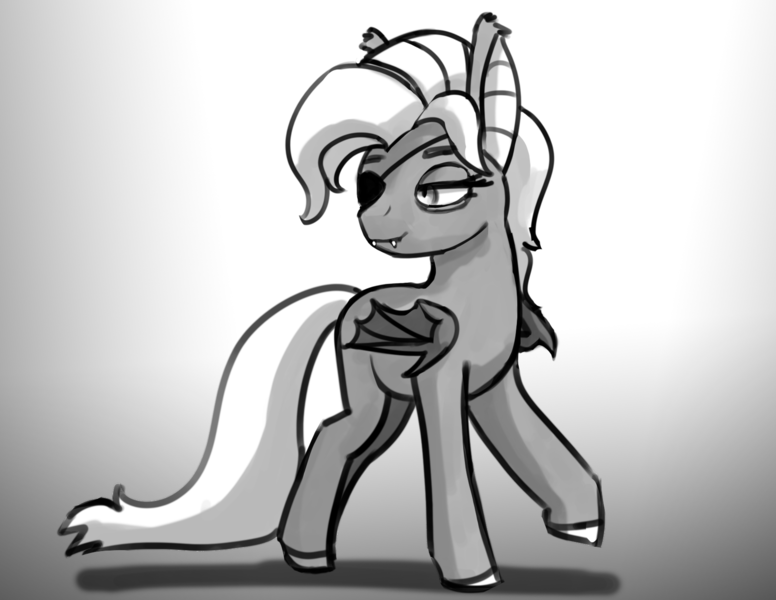 Size: 1650x1275 | Tagged: safe, artist:warskunk, derpibooru import, oc, oc:icy mint, bat pony, pony, eyepatch, fangs, female, gradient background, grayscale, image, lidded eyes, mare, monochrome, png, sleepy, solo