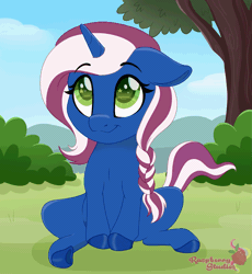 Size: 2517x2733 | Tagged: safe, artist:raspberrystudios, derpibooru import, oc, unofficial characters only, unicorn, blinking, bush, chibi, commission, cute, floppy ears, gif, grass, horn, image, multicolored mane, scenery, sitting, tail wag, tree, unicorn oc, ych example, ych result, your character here