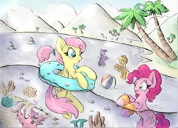 Size: 1400x1006 | Tagged: safe, artist:nedemai, derpibooru import, applejack, fluttershy, pinkie pie, twilight sparkle, alicorn, fish, atg 2021, ball, beach, beach ball, image, inflatable toy, jpeg, newbie artist training grounds, palm tree, ponytail, summer, tree, twilight sparkle (alicorn), water