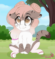 Size: 2517x2733 | Tagged: safe, artist:raspberrystudios, derpibooru import, oc, oc:tiffy, cat, cat pony, original species, animated, blinking, cat tail, chibi, clothes, commission, cute, gif, grass, image, scenery, sitting, socks, stripes, tail, tail wag, tree, whiskers, ych example, ych result, your character here