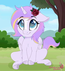 Size: 2517x2733 | Tagged: safe, artist:raspberrystudios, derpibooru import, oc, oc:rosy lila, unofficial characters only, alicorn, pony, alicorn oc, animated, blinking, bush, chibi, commission, cute, female, filly, floppy ears, flower, gif, grass, horn, image, rose, scenery, sitting, stripe, tail wag, tree, wings, ych example, ych result, your character here