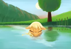 Size: 1758x1202 | Tagged: safe, artist:aquaticvibes, derpibooru import, applejack, earth pony, pony, atg 2021, cooling, eyes closed, grass, image, newbie artist training grounds, png, sun, tree, water, wet, wet mane