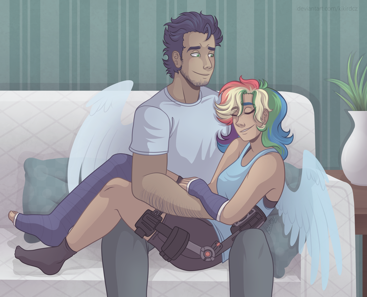 Size: 4200x3400 | Tagged: safe, artist:kikirdcz, derpibooru import, rainbow dash, soarin', human, alternate hairstyle, arm cast, bra, bra strap, cast, clothes, commission, couch, eyes closed, female, grin, hospital, humanized, image, jeans, leg cast, male, missing shoes, pants, pillow, plant, png, shipping, shirt, shorts, smiling, soarindash, socks, straight, t-shirt, tanktop, underwear, vase, winged humanization, wings