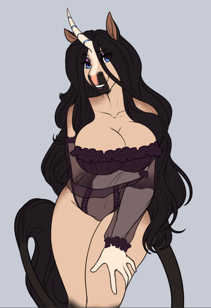 Size: 606x885 | Tagged: suggestive, artist:blackblood-queen, derpibooru import, oc, oc:beryl lovegreen, unofficial characters only, anthro, pony, unicorn, anthro oc, arm under breasts, big breasts, breasts, cleavage, clothes, digital art, female, gilf, gray background, horn, image, leotard, lingerie, looking at you, mare, milf, png, simple background, smiling, solo, solo female, unicorn oc