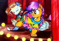 Size: 1075x744 | Tagged: safe, artist:liaaqila, derpibooru import, scootaloo, oc, oc:silly scribe, earth pony, pony, clothes, clown, costume, cute, food, fun, image, jpeg, pie, pied, show, stage