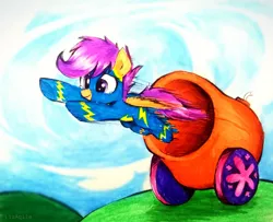 Size: 992x805 | Tagged: safe, artist:liaaqila, derpibooru import, scootaloo, pegasus, pony, clothes, crying, cute, cutealoo, flying, happy, image, jpeg, pony cannonball, tears of joy, uniform, wonderbolts, wonderbolts uniform