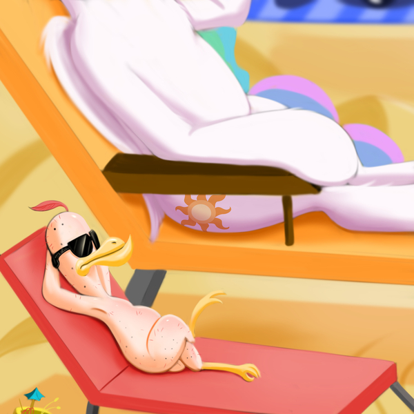 Size: 2000x2000 | Tagged: safe, artist:darksly, derpibooru import, philomena, princess celestia, alicorn, bird, phoenix, pony, atg 2021, beach, beach chair, crossed legs, female, image, jpeg, mare, newbie artist training grounds, sitting, sunglasses