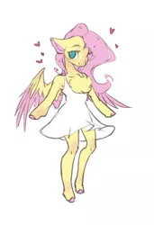 Size: 950x1388 | Tagged: safe, artist:makkah, derpibooru import, fluttershy, anthro, pegasus, pony, unguligrade anthro, arm hooves, chest fluff, clothes, cute, dress, female, floating heart, floppy ears, heart, image, jpeg, mare, one eye closed, shyabetes, simple background, white background, wink