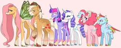 Size: 1280x508 | Tagged: safe, artist:hehepeachyy, derpibooru import, applejack, fluttershy, pinkie pie, rainbow dash, rarity, twilight sparkle, twilight sparkle (alicorn), alicorn, earth pony, flutter pony, pegasus, pony, unicorn, colored hooves, female, height difference, image, jpeg, mane six, mare, pale belly, race swap, unshorn fetlocks