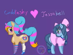 Size: 1600x1200 | Tagged: suggestive, artist:cuddleshy, derpibooru import, oc, oc:cuddleshy, oc:jessabell, earth pony, anatomically incorrect, big bow, bow, braided tail, butt, clothes, couple, disproportional anatomy, dress, huge butt, image, incorrect leg anatomy, large butt, png, ponytail, shipping, socks, striped socks