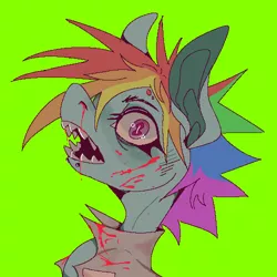 Size: 500x500 | Tagged: safe, artist:kat, derpibooru import, rainbow dash, pony, fanfic:rainbow factory, blood, fanfic art, image, open mouth, png, shark teeth, sharp teeth, solo, teeth