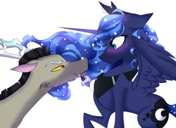 Size: 3656x2665 | Tagged: safe, artist:galaxynight100, derpibooru import, discord, princess luna, alicorn, draconequus, pony, blushing, female, high res, image, jpeg, looking at each other, lunacord, male, mare, shipping, simple background, straight, white background