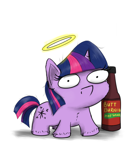 Size: 1250x1349 | Tagged: safe, artist:chopsticks, derpibooru import, twilight sparkle, pony, unicorn, atg 2021, chest fluff, female, females only, halo, hot sauce, image, looking at you, newbie artist training grounds, png, solo, squatpony, text, twiggie, unshorn fetlocks