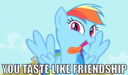 Size: 498x295 | Tagged: safe, derpibooru import, edit, edited screencap, screencap, rainbow dash, pegasus, pony, a bird in the hoof, season 1, animated, female, gif, image, open mouth, rainbow dash is best facemaker, silly, silly pony, solo, text, tongue out