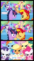 Size: 1280x2300 | Tagged: safe, artist:bigsnusnu, derpibooru import, applejack, fluttershy, pinkie pie, rainbow dash, rarity, sunset shimmer, twilight sparkle, comic:dusk shine in pursuit of happiness, ponies of dark water, alternate mane seven, angry, blushing, cape, chaos, clothes, dusk shine, duskshimmer, exclamation point, eyes closed, fainting couch, female, half r63 shipping, image, jack-in-the-box, jealous, kissing, lesbian, makeup, male, mane six, necktie, png, rule 63, shipping, straight, sunsetsparkle, vine, yelling