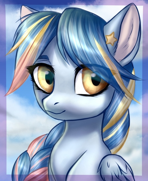 Size: 705x859 | Tagged: safe, artist:megabait, derpibooru import, oc, oc:seashore swirl, unofficial characters only, pegasus, pony, braid, bust, image, jpeg, portrait, solo, stars