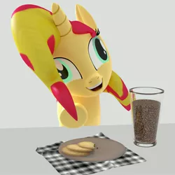 Size: 4000x4000 | Tagged: safe, artist:wissle, derpibooru import, sunset shimmer, pony, unicorn, 3d, absurd resolution, atg 2021, blender, chocolate, chocolate milk, cookie, exploitable meme, faic, female, food, happy, image, jpeg, mare, meme, milk, napkin, newbie artist training grounds, open mouth, plate, pure unfiltered evil, simple background, smiling, solo, this will end in spilled milk
