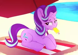 Size: 1135x793 | Tagged: safe, artist:tallaferroxiv, starlight glimmer, pony, unicorn, beach, beach towel, beach umbrella, female, food, horn, image, jpeg, lidded eyes, looking away, lying down, mare, mouth hold, popsicle, solo, towel, umbrella