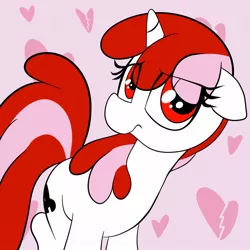 Size: 1200x1200 | Tagged: safe, artist:datte-before-dawn, oc, oc:righty tighty, unofficial characters only, pony, unicorn, broken hearts, eye clipping through hair, female, floppy ears, heart, horn, image, jpeg, mare, solo, unicorn oc