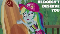 Size: 1280x720 | Tagged: safe, derpibooru import, edit, edited screencap, editor:quoterific, screencap, rainbow dash, blue crushed, equestria girls, equestria girls series, belly button, female, hat, image, jpeg, open mouth, sleeveless, solo, surfboard