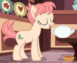 Size: 1070x882 | Tagged: safe, derpibooru import, screencap, raspberry vinaigrette, earth pony, pony, discordant harmony, cropped, eyes closed, female, image, mare, open mouth, png, raised tail, solo, tail, teapot