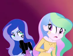 Size: 1080x822 | Tagged: safe, artist:sia.brony, derpibooru import, princess celestia, princess luna, equestria girls, alternative cutie mark placement, angry, bust, clothes, cutie mark, cutie mark on equestria girl, duo, eyelashes, female, gradient background, image, jpeg, siblings, sisters