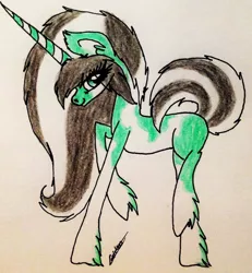 Size: 1604x1738 | Tagged: safe, artist:beamybutt, derpibooru import, oc, unofficial characters only, pony, unicorn, eyelashes, female, hoof fluff, horn, image, jpeg, mare, raised hoof, signature, smiling, solo, traditional art, unicorn oc