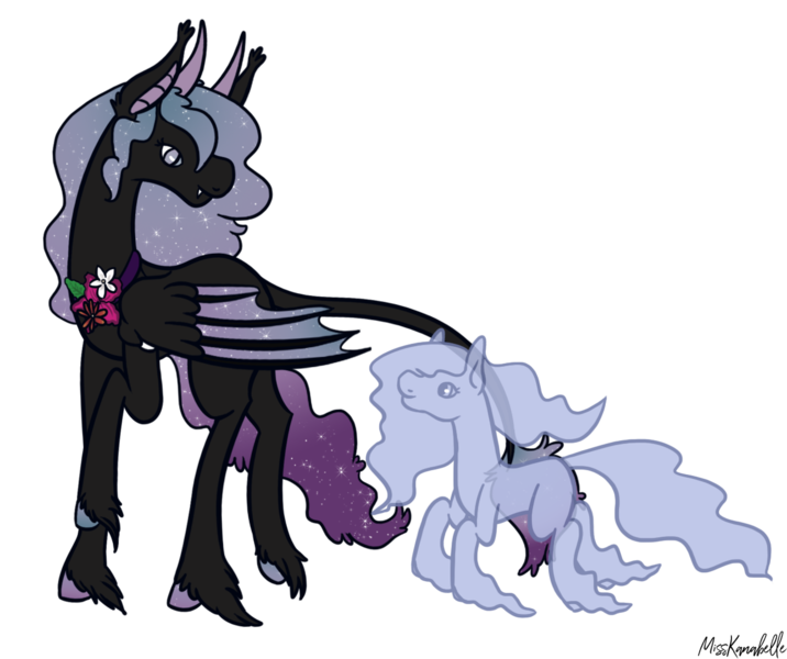 Size: 1274x1068 | Tagged: safe, artist:misskanabelle, derpibooru import, oc, oc:persephoneia, unofficial characters only, bat pony, ghost, ghost pony, pony, undead, bat pony oc, bat wings, duo, ethereal mane, female, hoof fluff, image, looking back, mare, png, raised hoof, signature, simple background, starry mane, transparent background, unshorn fetlocks, wings