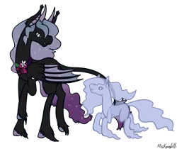 Size: 1274x1068 | Tagged: safe, artist:misskanabelle, derpibooru import, oc, oc:persephoneia, unofficial characters only, bat pony, ghost, ghost pony, pony, undead, bat pony oc, bat wings, duo, ethereal mane, female, hoof fluff, image, looking back, mare, png, raised hoof, signature, simple background, starry mane, transparent background, unshorn fetlocks, wings