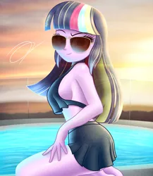 Size: 2000x2300 | Tagged: suggestive, artist:aryatheeditor, derpibooru import, oc, oc:nightfall sparkle, unofficial characters only, equestria girls, adorasexy, ass, bedroom eyes, belly, bikini, bikini top, breasts, bust, butt, clothes, cute, cutie mark, cutie mark on clothes, digital art, element of magic, evening, female, geode of telekinesis, glasses, heterochromia, hips, image, jewelry, jpeg, looking at you, magical geodes, midriff, miniskirt, outfit, poolside, pose, purple hair, regalia, schrödinger's pantsu, sexy, shiny, skirt, sleeveless, smiling, smiling at you, socks, solo, sunglasses, swimsuit, thigh highs, thighs