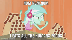 Size: 500x281 | Tagged: safe, derpibooru import, edit, edited screencap, screencap, lyra heartstrings, all's fair in love and friendship games, equestria girls, friendship games, animated, eating, female, food, gif, hot dog, image, lyra scarfing down weiners, meat, meme, sausage, solo, text