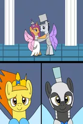 Size: 1024x1536 | Tagged: safe, artist:platinumdrop, derpibooru import, rumble, scootaloo, spitfire, thunderlane, fairy, alternate hairstyle, armor, clothes, comic, dancing, dress, fairy wings, hat, image, png, request, top hat, tuxedo, wings