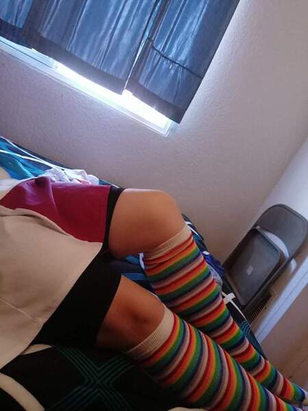 Size: 648x864 | Tagged: safe, derpibooru import, photographer:mr.sparkle, rainbow dash, human, equestria girls, bike shorts, clothes, cosplay, costume, image, irl, irl human, jpeg, legs, long socks, photo, rainbow socks, skirt, socks, solo, striped socks