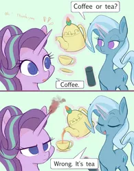 Size: 1600x2048 | Tagged: safe, artist:noupu, derpibooru import, starlight glimmer, trixie, pony, unicorn, anger magic, cup, eyes closed, food, glowing horn, horn, image, jpeg, magic, open mouth, speech bubble, starlight is not amused, tea, teacup, telekinesis, that pony sure does love teacups, trolling, unamused