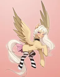 Size: 1600x2074 | Tagged: safe, artist:emily-826, derpibooru import, oc, oc:linh, pegasus, pony, bow, clothes, female, image, jpeg, mare, socks, solo, striped socks, tail bow, two toned wings, wings