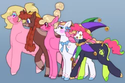 Size: 1800x1200 | Tagged: safe, artist:greenarsonist, derpibooru import, oc, oc:chuckle, oc:era stone, oc:giggle, oc:jesse wisecracker, oc:sweet hearts💕, unofficial characters only, pegasus, pony, unicorn, :p, accessories, afro puffs, bells, blushing, bow, chubby, clown makeup, clown nose, ear piercing, earring, eyeshadow, face paint, fat, female, females only, hat, heart, horn, image, jester, jester hat, jewelry, makeup, pegasus oc, piercing, png, ponytail, size comparison, tongue out, trans female, transgender, two toned mane, two toned tail, unicorn oc, unshorn fetlocks, wings