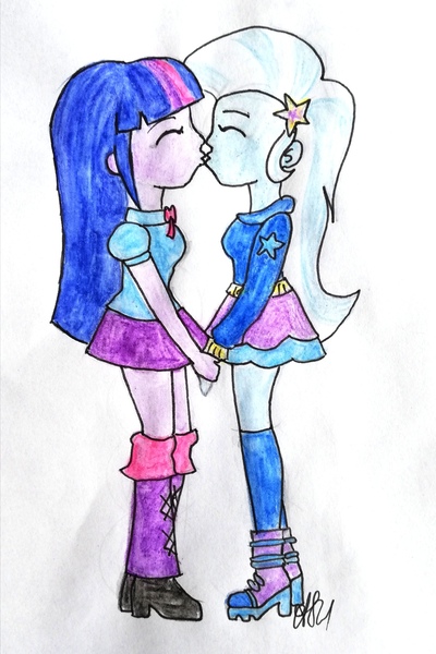 Size: 1616x2422 | Tagged: safe, artist:fude-chan-art, derpibooru import, trixie, twilight sparkle, equestria girls, female, image, jpeg, kissing, lesbian, shipping, twixie