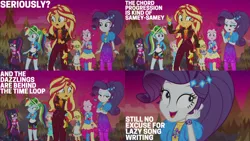 Size: 1280x720 | Tagged: safe, derpibooru import, edit, edited screencap, editor:quoterific, screencap, applejack, fluttershy, pinkie pie, rainbow dash, rarity, sci-twi, sunset shimmer, twilight sparkle, equestria girls, equestria girls series, sunset's backstage pass!, spoiler:eqg series (season 2), clothes, crossed arms, cutie mark, cutie mark on clothes, female, geode of empathy, geode of shielding, geode of sugar bombs, geode of super speed, geode of super strength, geode of telekinesis, glasses, hairpin, humane five, humane seven, humane six, image, jpeg, magical geodes, music festival outfit, open mouth, ponytail, sunset