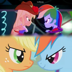 Size: 1080x1080 | Tagged: safe, derpibooru import, edit, edited screencap, editor:twiliysm, screencap, applejack, rainbow dash, earth pony, pegasus, pony, eqg summertime shorts, equestria girls, fall weather friends, raise this roof, season 1, bare shoulders, clothes, cowboy hat, dancing, duo, duo female, eye contact, fall formal outfits, female, fingerless gloves, gloves, hat, image, jpeg, looking at each other, sleeveless, smiling, strapless, things never change