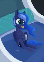 Size: 988x1394 | Tagged: safe, artist:dusthiel, derpibooru import, princess luna, alicorn, earth pony, pony, atg 2021, bed, cookie, cookie jar, cute, food, image, lunabetes, mouth hold, newbie artist training grounds, png