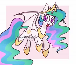 Size: 1750x1500 | Tagged: safe, artist:handgunboi, derpibooru import, princess celestia, alicorn, bat pony, pony, abstract background, fangs, female, flying, image, jpeg, looking at you, mare, obtrusive watermark, race swap, simple background, solo, watermark, white background