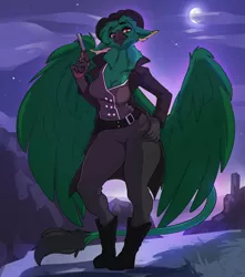 Size: 2106x2387 | Tagged: safe, artist:brolaren, derpibooru import, griffin oc, oc, oc:umbra talons, anthro, avian, gryphon, 2020, anthro oc, beak, belt, belt buckle, boots, breasts, buttons, claws, cleavage, clothes, cowboy, cowboy boots, cowboy hat, desert, ears, gun, hat, high res, hips, image, jacket, jpeg, moon, neck fluff, night, pants, shoes, stars, talons, thighs, tuft, weapon, western, wings