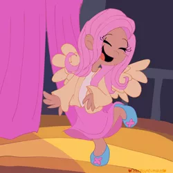 Size: 1000x1000 | Tagged: safe, artist:mirabuncupcakes15, derpibooru import, fluttershy, human, filli vanilli, cardigan, clothes, curtains, cute, dark skin, eyes closed, female, flats, happy, humanized, image, jpeg, open mouth, scene interpretation, shirt, shoes, shyabetes, singing, skirt, solo, t-shirt, winged humanization, wings