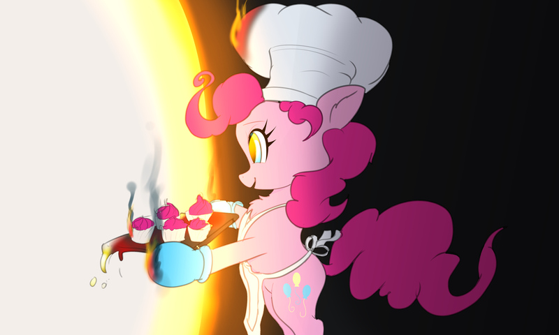 Size: 5000x3000 | Tagged: safe, artist:xbi, derpibooru import, pinkie pie, earth pony, pony, baking, baking cake, baking tray, cartoon physics, cooking, female, fire, image, jpeg, mare, melting, pinkie being pinkie, pinkie physics, smoke, solo, sun, tangible heavenly object