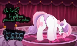 Size: 7265x4339 | Tagged: suggestive, artist:andaluce, artist:pinkberry, derpibooru import, sweetie belle, pony, unicorn, absurd resolution, butt freckles, clothes, collaboration, dialogue, dock, female, filly, foal, freckles, image, panties, png, raised tail, speech, striped panties, striped underwear, tail, talking, text, underwear