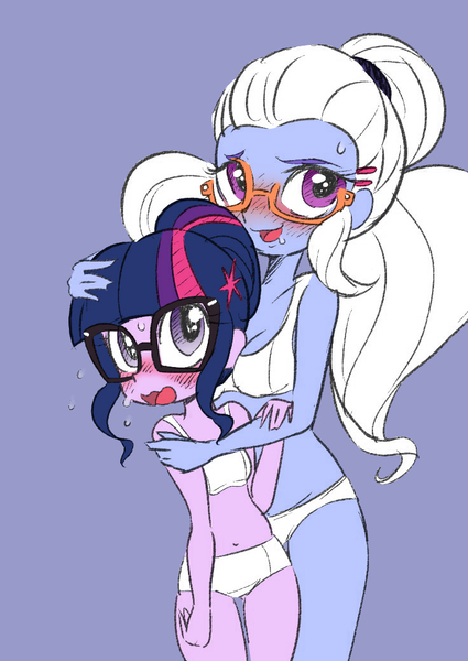 Size: 736x1038 | Tagged: suggestive, artist:k-nattoh, color edit, derpibooru import, edit, sugarcoat, twilight sparkle, equestria girls, belly button, blushing, bra, clothes, colored, female, image, jpeg, lesbian, looking at you, open mouth, panties, shipping, simple background, size difference, sugartwi, sweat, underwear