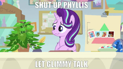 Size: 1280x720 | Tagged: safe, derpibooru import, edit, edited screencap, screencap, big macintosh, doctor whooves, octavia melody, phyllis, starlight glimmer, time turner, trixie, earth pony, pony, unicorn, a horse shoe-in, female, gif, image, male, mare, potted plant, stallion, starlight's office, wavy mouth